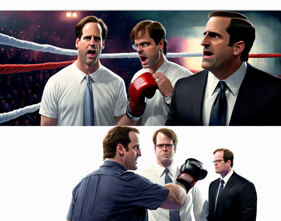 Two men boxing in business attire with referee - Front and rear view illustration