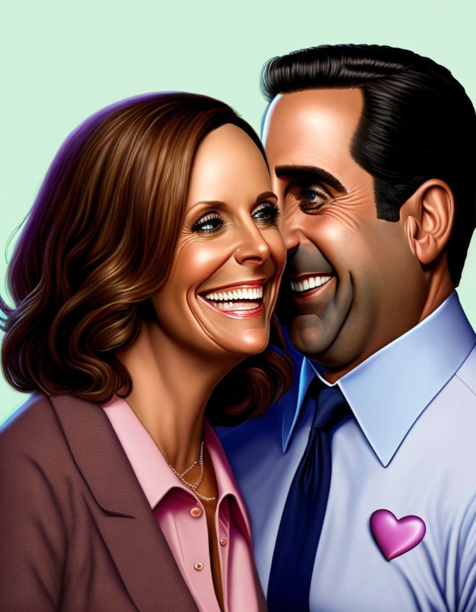 Smiling couple illustration: man in blue shirt, woman in pink blazer, cartoonish style,