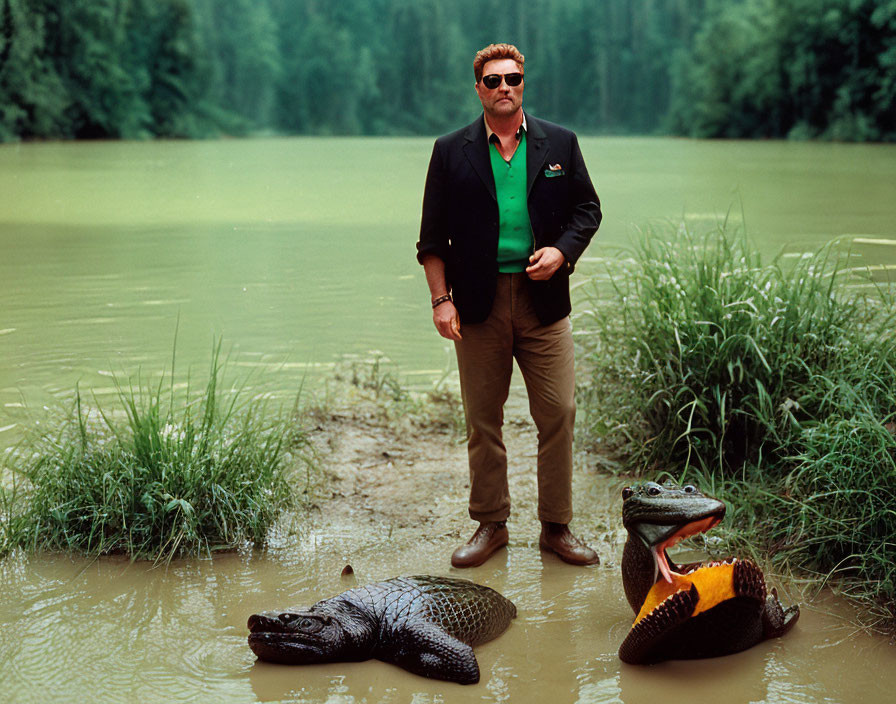 Man in sunglasses and suit with alligators near water body