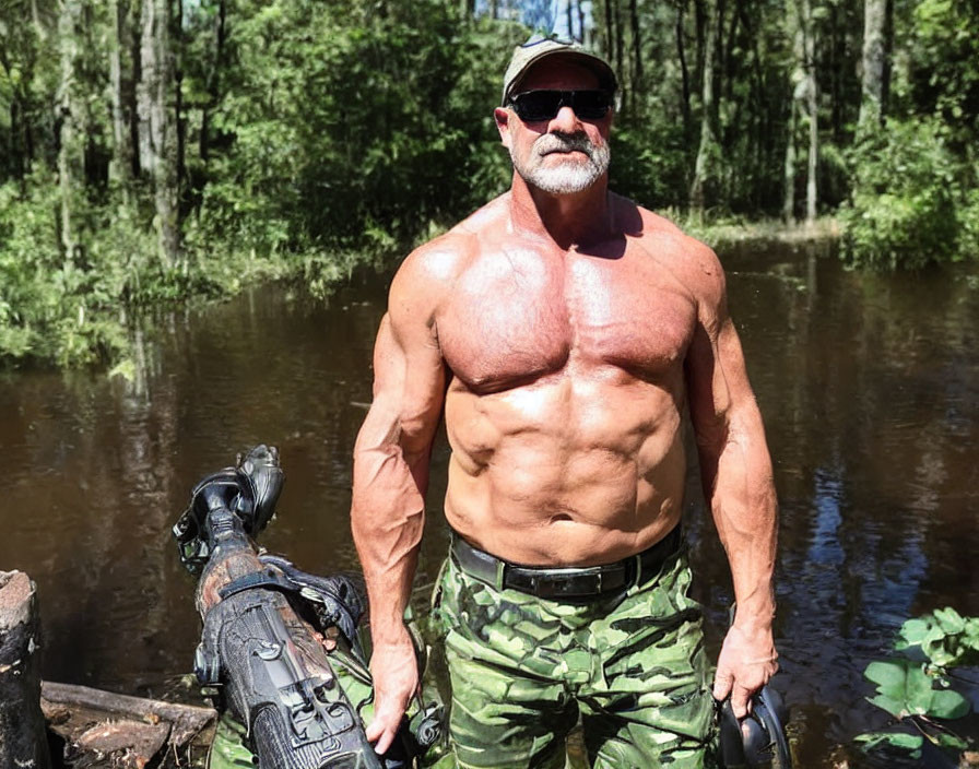 Bearded man with prosthetic leg in camouflage pants and sunglasses standing in water among trees