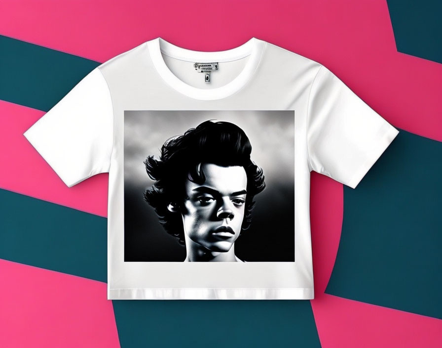 Graphic Print White T-Shirt with Male Face on Pink Teal Background