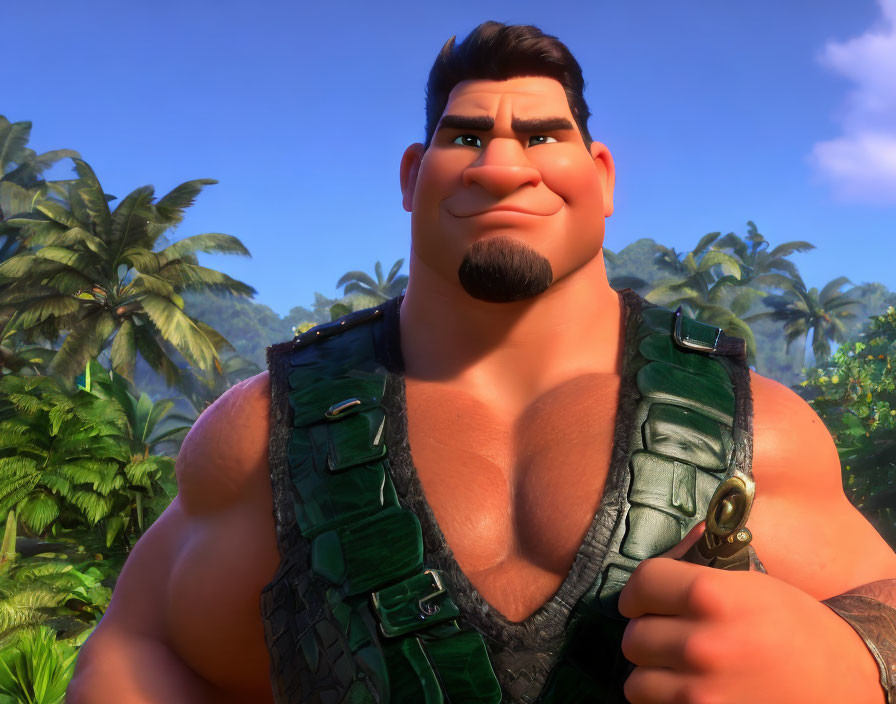 Smiling animated character in green vest with tattoos in tropical setting