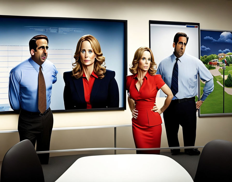 Four business characters in office setting with digital backgrounds