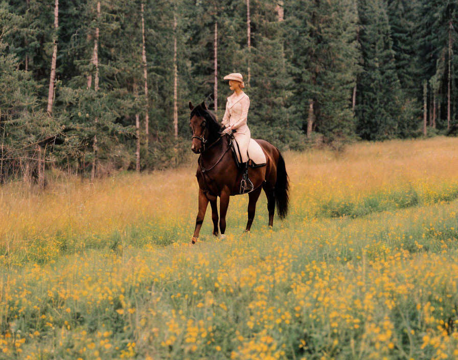 Person in Hat Riding Brown Horse Through Vibrant Flower Field with Pine Tree Backdrop