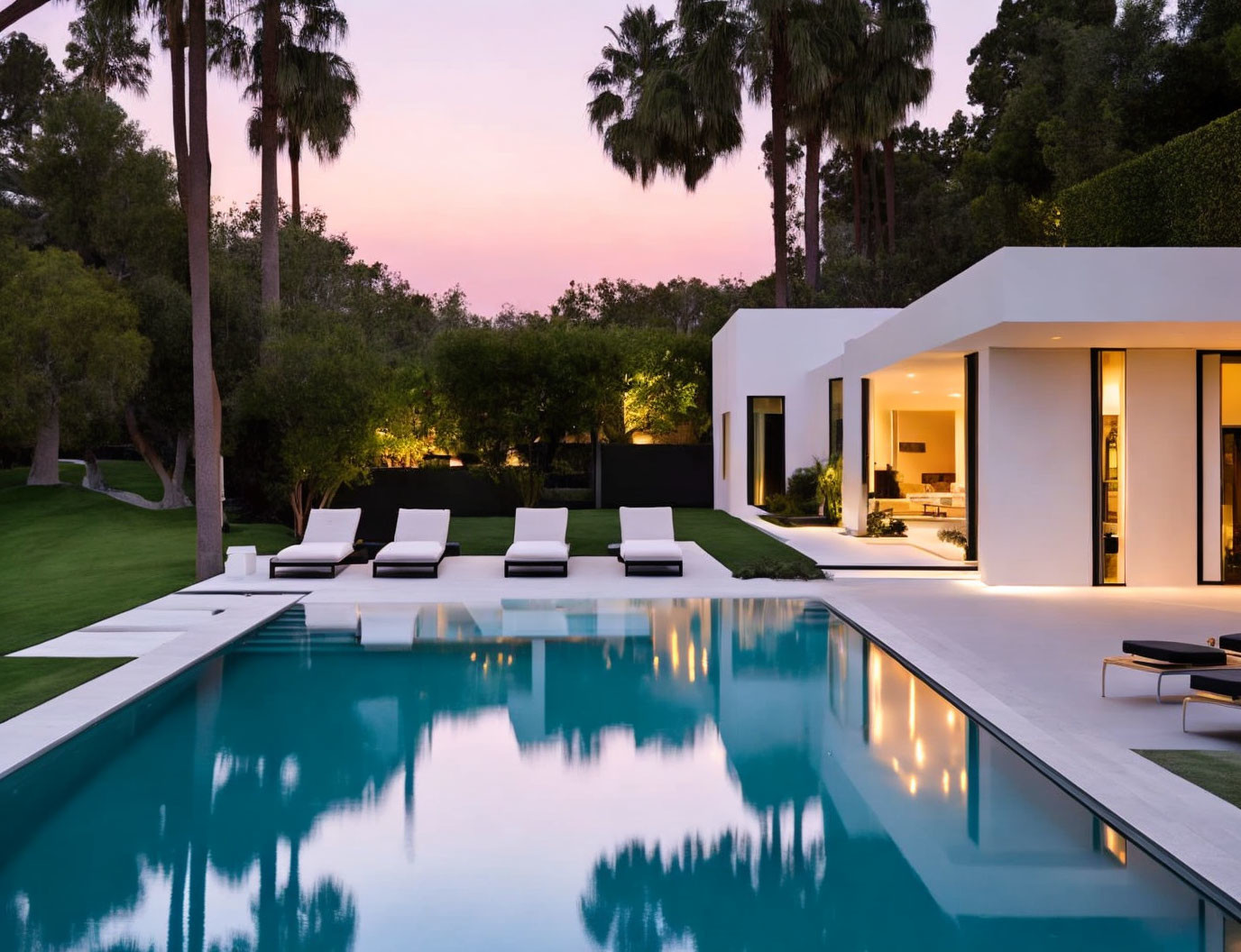 Luxurious pool at twilight with modern house, pink sky, palm tree silhouettes