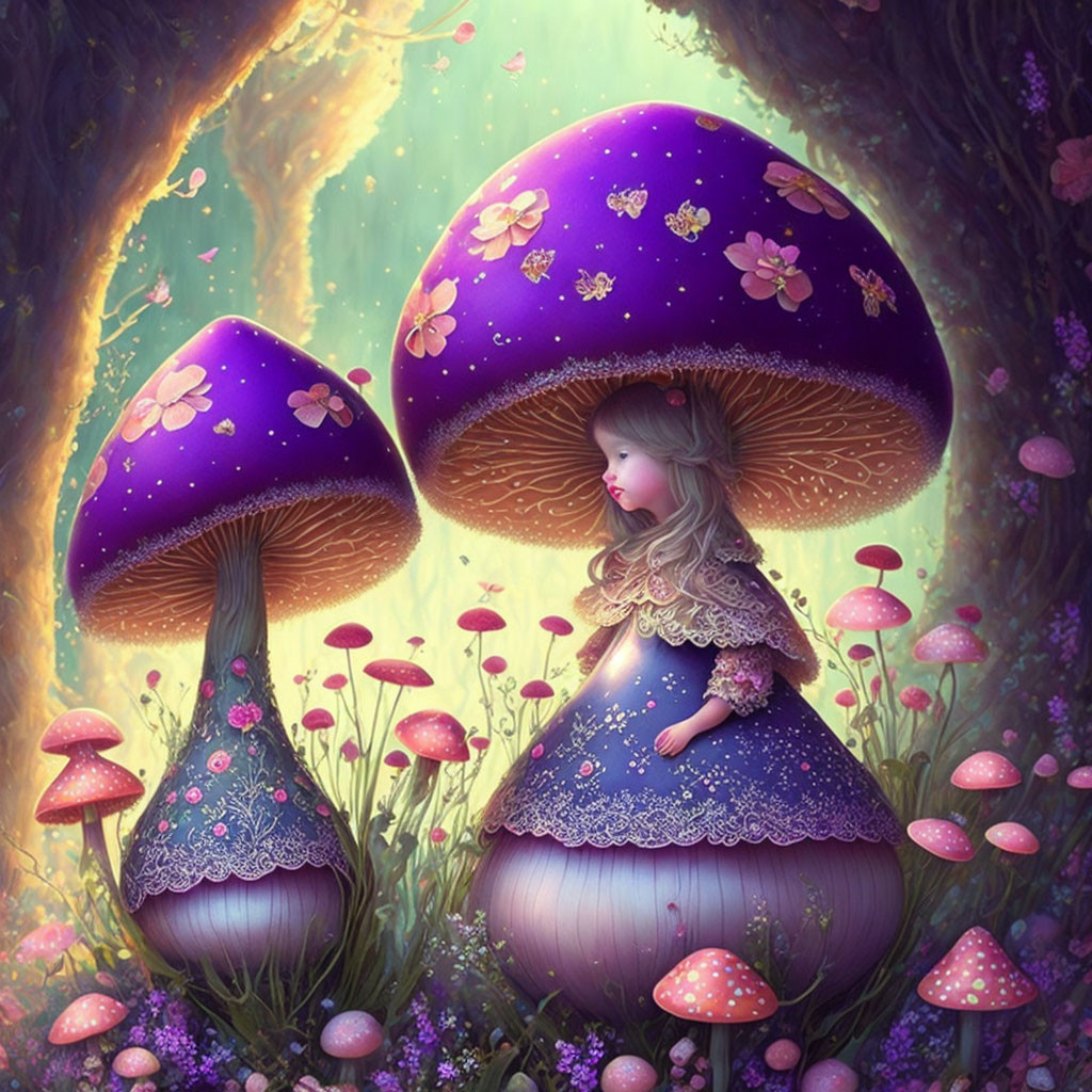 Blond Girl in Mushroom Dress in Enchanted Forest