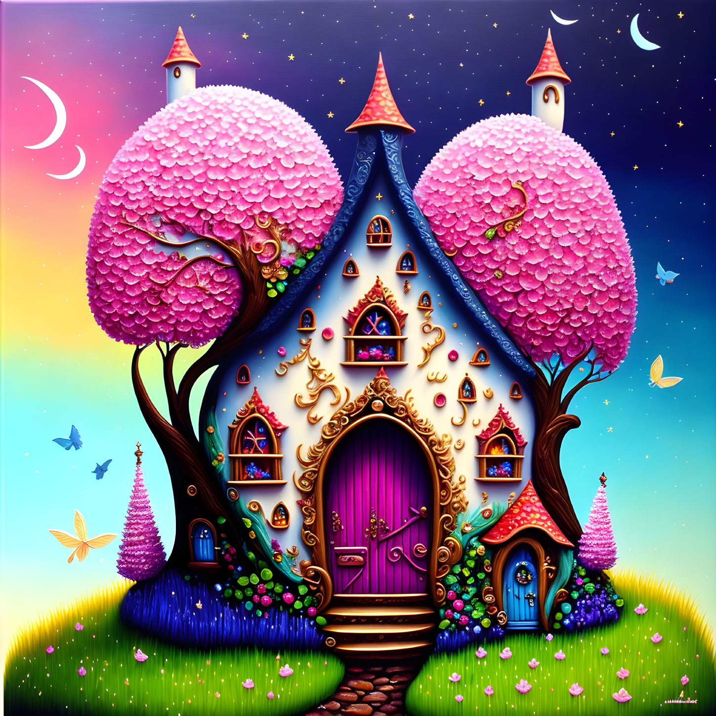 Colorful fairytale house with pink towers in whimsical illustration