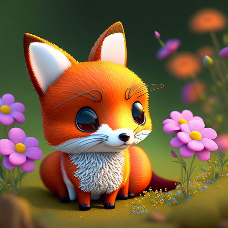 Animated Fox Surrounded by Colorful Flowers and Greenery