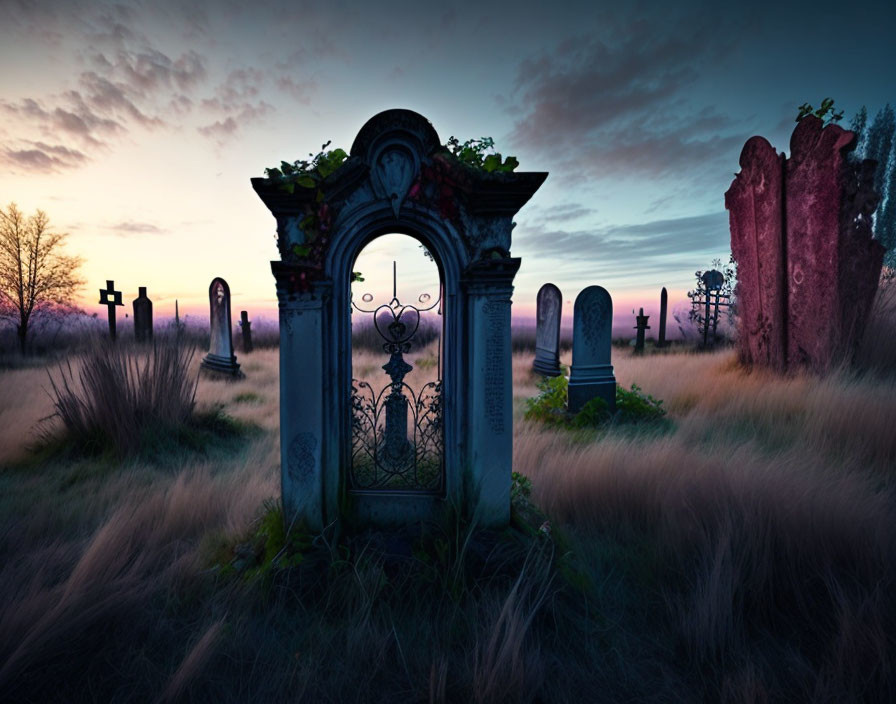 Ornate gate in twilight cemetery with tombstones and crosses