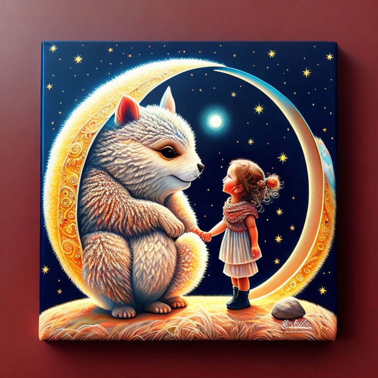 Whimsical painting of girl and squirrel under starry sky in crescent moon