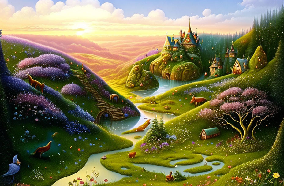 Colorful fantasy landscape: sunset, whimsical houses, winding river, animals, blooming flowers.