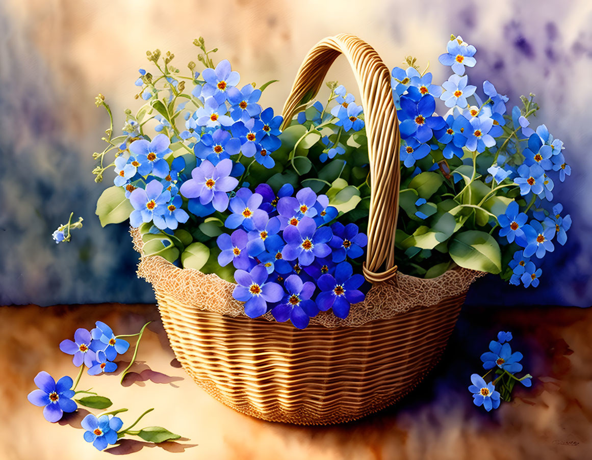 Wicker basket with vibrant blue flowers and lace trim on soft-focus background