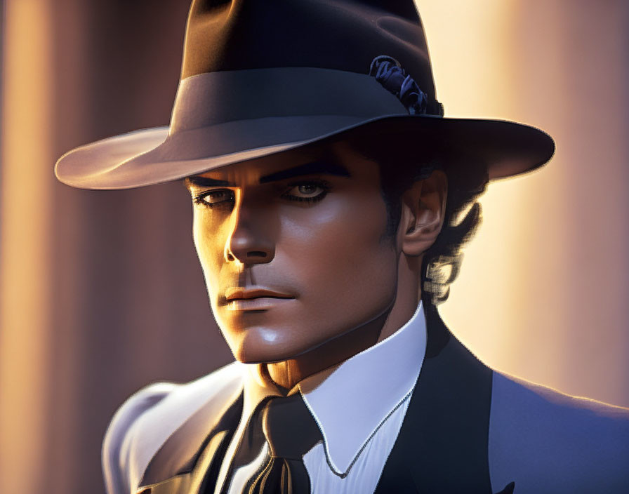 Digital artwork featuring man in fedora, suit, tie in warm sunset light