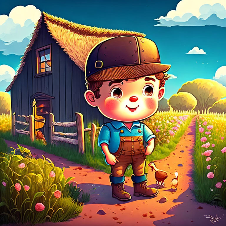 Animated young boy on farm path with barn, flowers, and chicken on sunny day