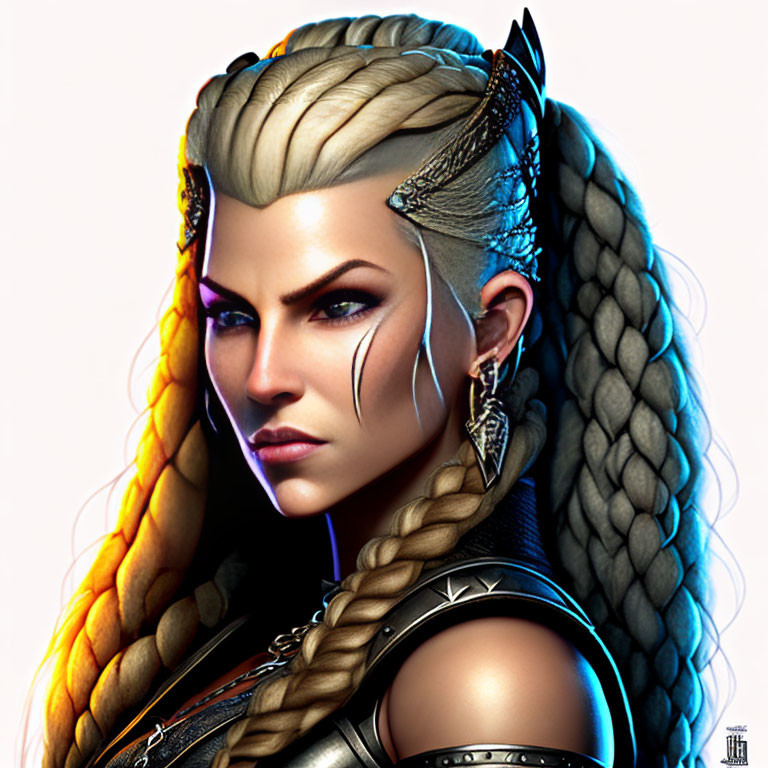 Female Fantasy Warrior with Braided Hair and Facial Tattoos on Light Background