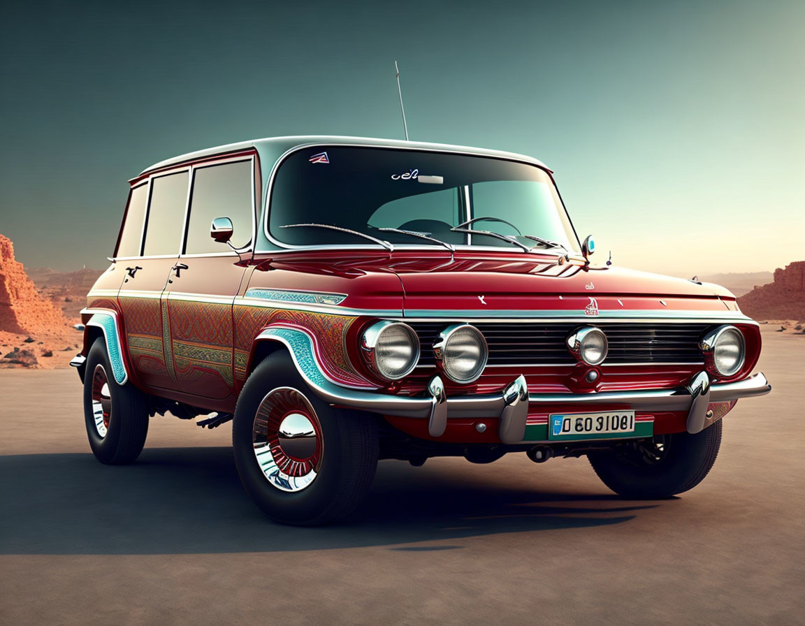 Red SUV with decorative stripes, chrome detailing, and white-wall tires in desert landscape