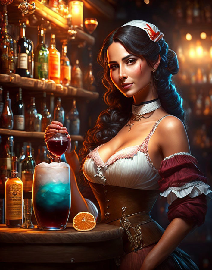 Barmaid serving drinks in vibrant, warm bar ambiance