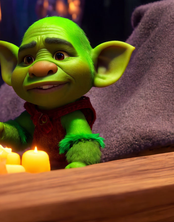 Green animated character with large ears and red shirt at wooden table with candles on purple background