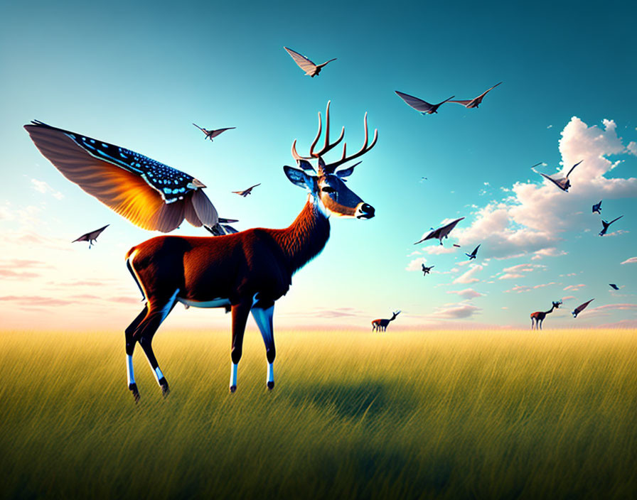Winged deer in grassy field with flying birds