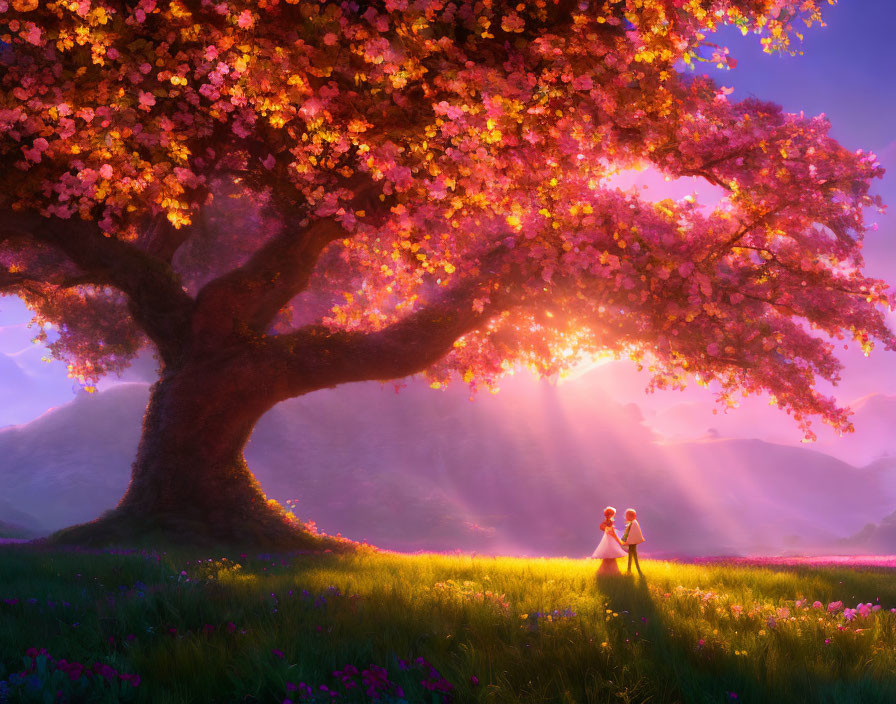 Vibrant sunset scene with cherry tree and purple flowers