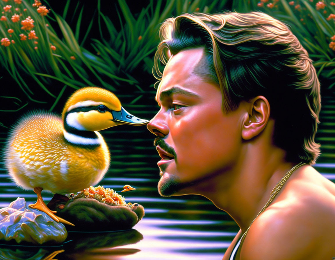 Surreal artwork: man with mustache and duck with elongated beak on water among lush