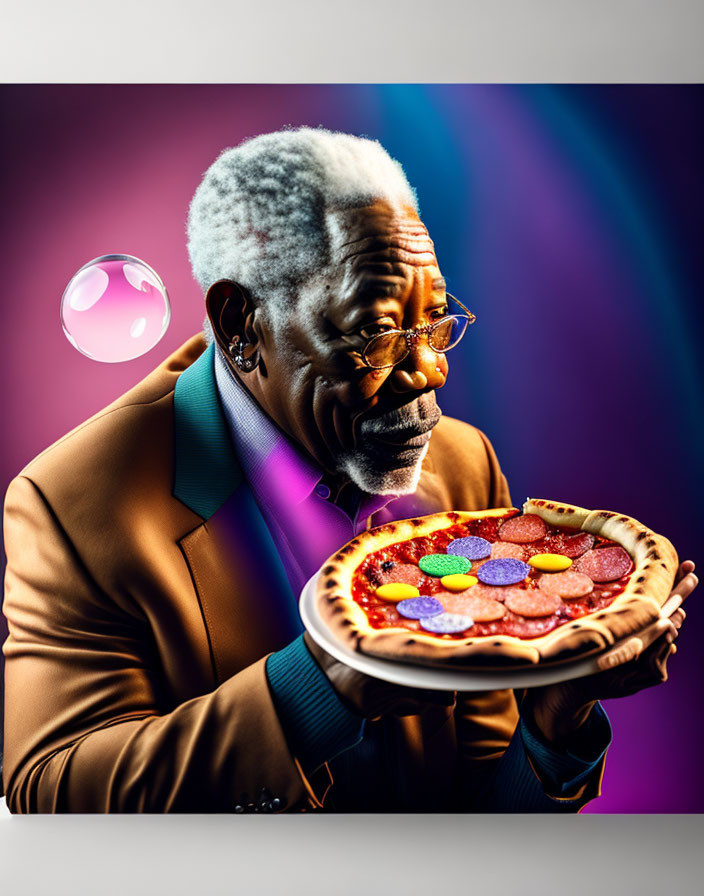 Elderly man with gray hair and glasses holding a pizza on colorful background