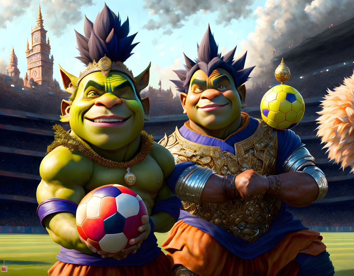 Animated ogre characters with black and white and golden soccer balls in stadium