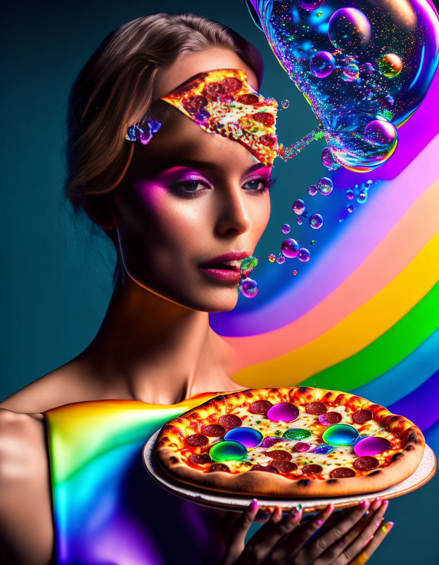 Vibrant makeup portrait with pizza slice theme and colorful backdrop