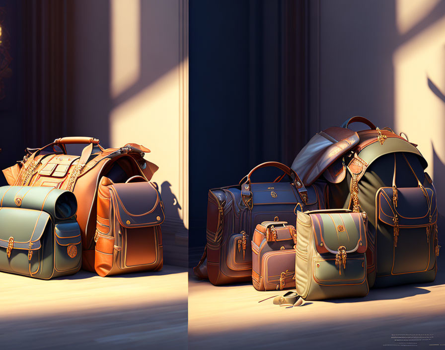 Elegant travel bags with intricate designs in warm sunlight.