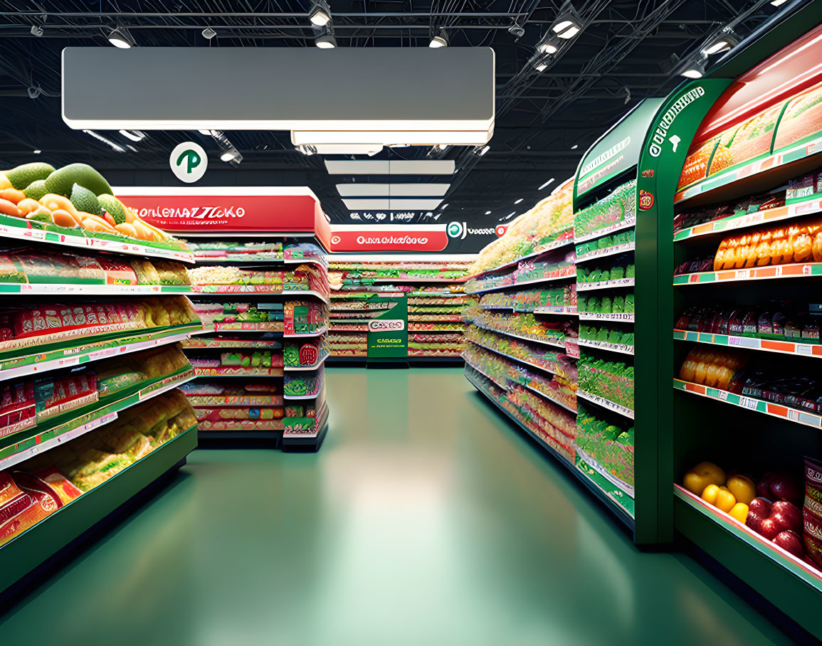 Well-stocked Supermarket Aisle with Fruit, Vegetables, and Packaged Goods