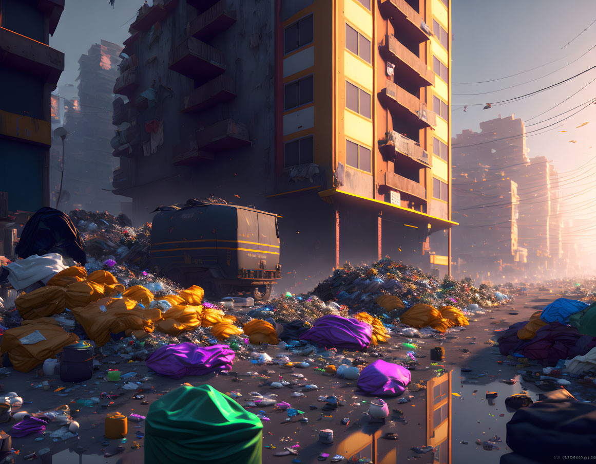 Dystopian city street with colorful trash bags and abandoned vehicles