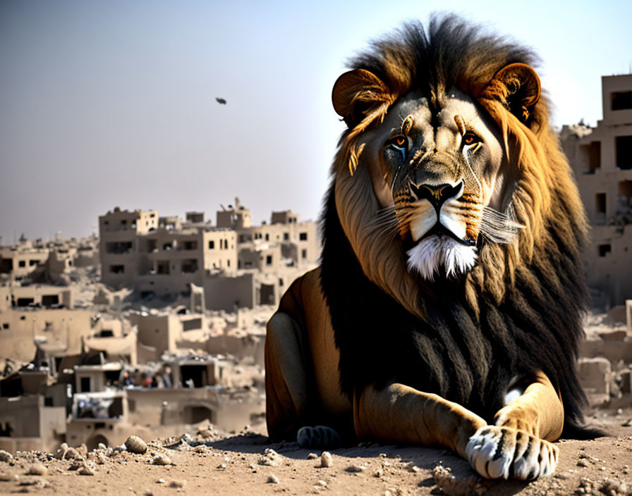 Majestic lion in war-torn cityscape with clear skies