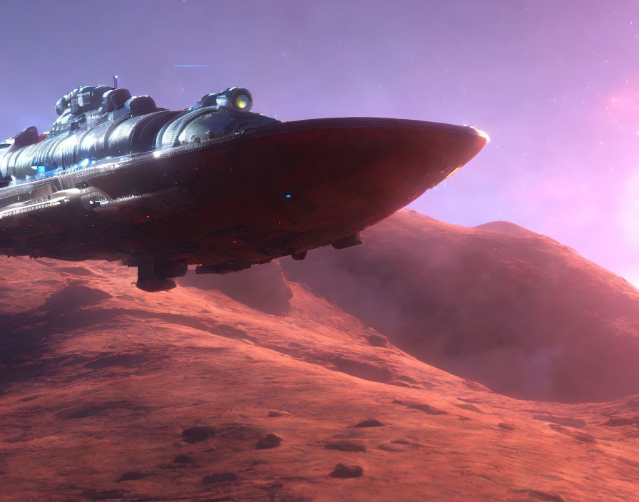 Large Spaceship Over Rocky Alien Landscape with Purple Sky