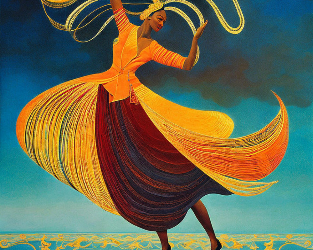 Colorful illustration of a dancing woman with flowing dress on blue background