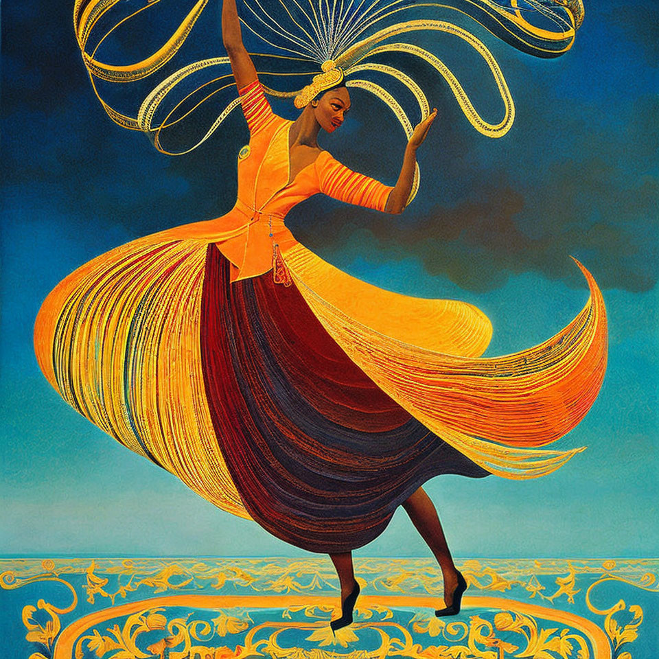 Colorful illustration of a dancing woman with flowing dress on blue background