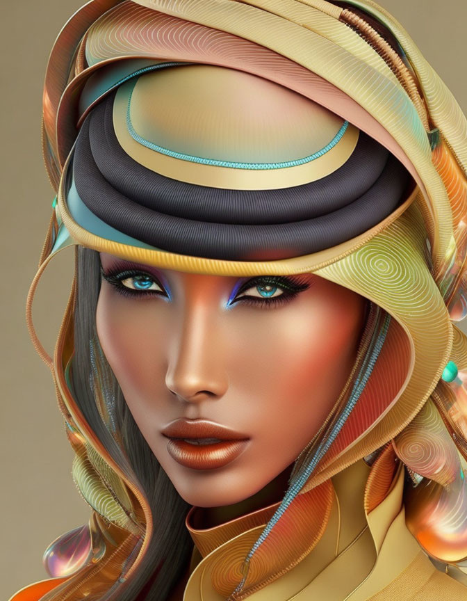 Colorful digital artwork of woman with futuristic headwear and bold makeup