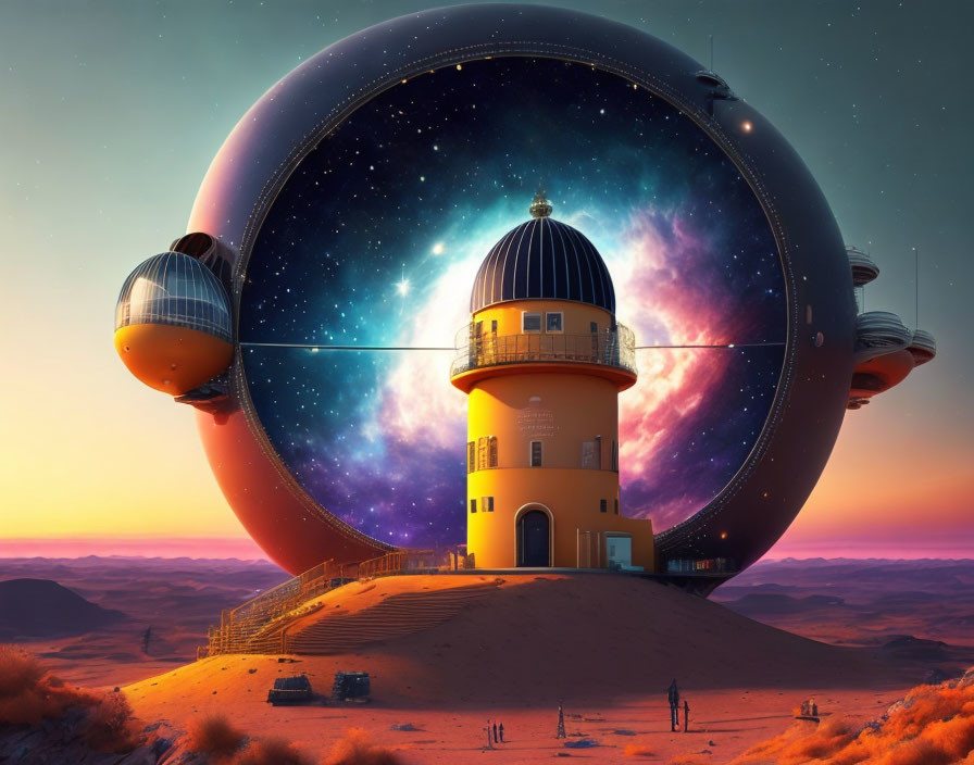 Imaginative artwork of observatory with spherical add-ons in desert sunset