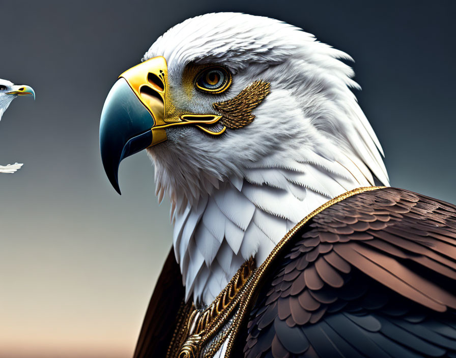 Majestic eagle digital artwork with white feathers and golden armor against dusky sky