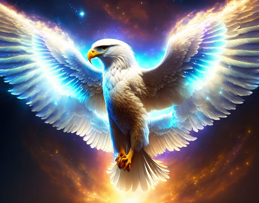 Majestic eagle with luminescent wings in cosmic setting