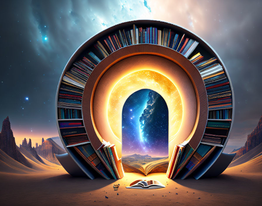 Circular bookshelf with cosmic scene opening in surreal desert twilight.