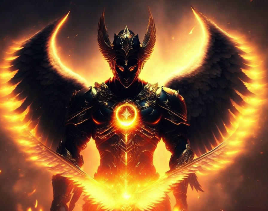 Imposing fantasy warrior with orange wings and black armor against fiery backdrop