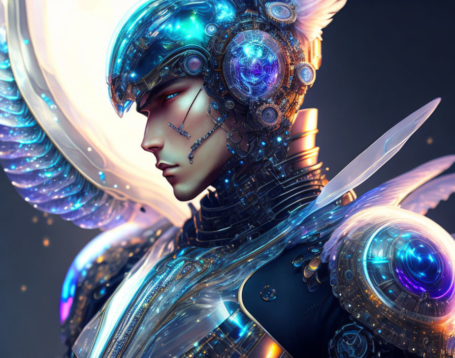 Futuristic warrior digital artwork with advanced armor and glowing blue energy elements