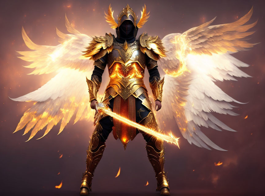 Majestic warrior in golden armor with glowing sword against fiery backdrop