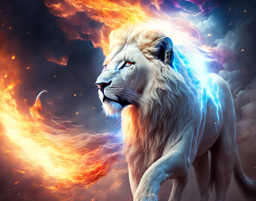 White lion with glowing blue eyes in cosmic scene.