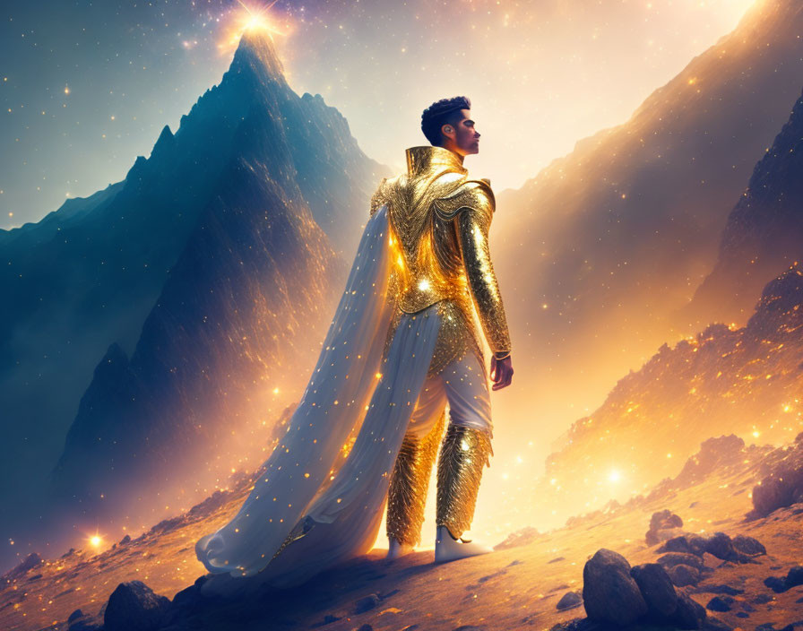 Person in Gold Costume Gazes at Light Rays in Mountain Landscape