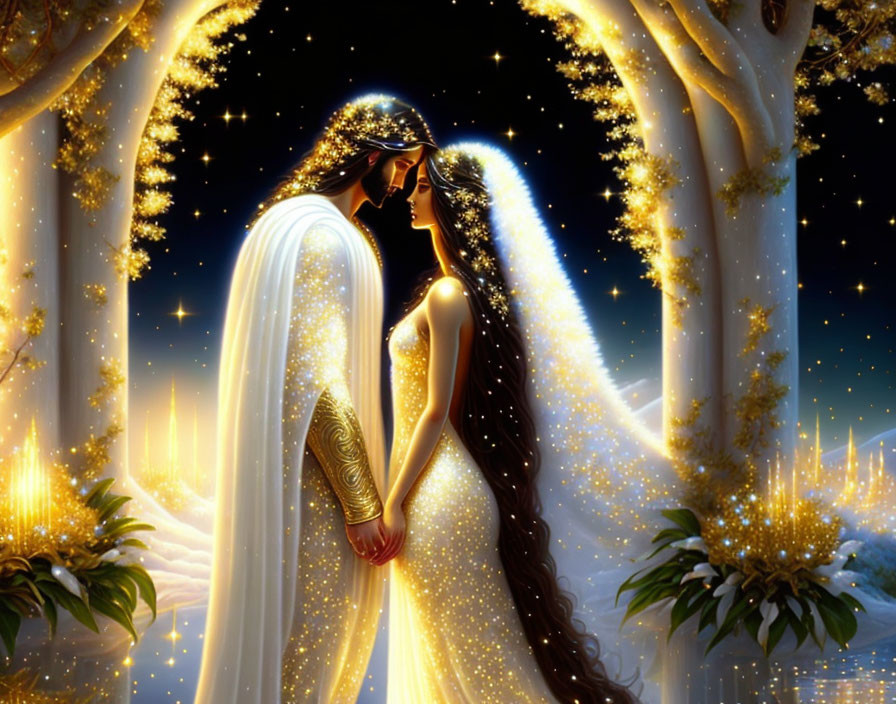 Regal couple in fantasy setting under starlit trees