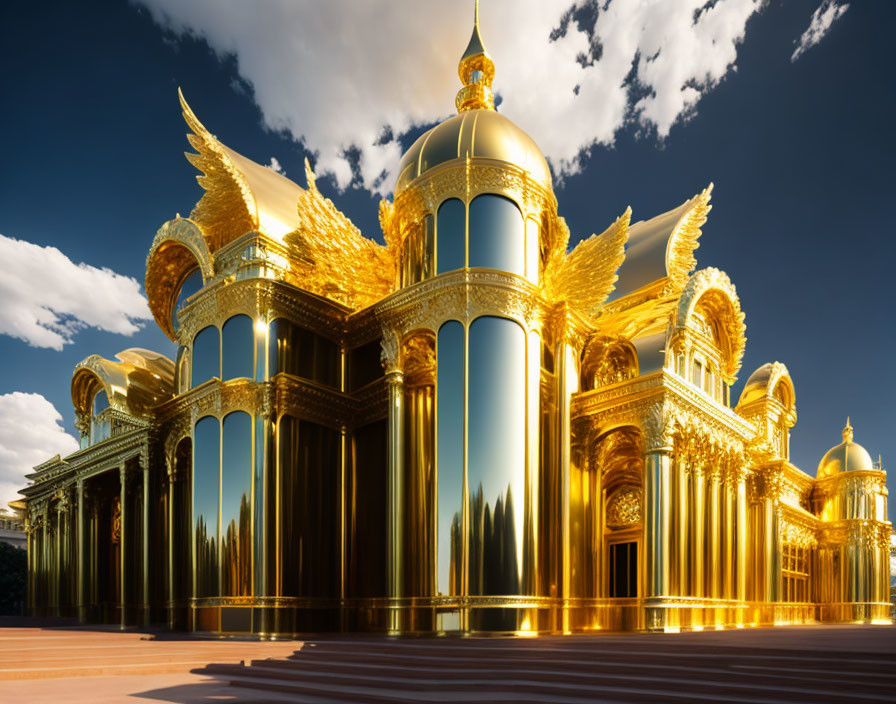 Majestic palace with golden domes and winged sculptures under blue sky