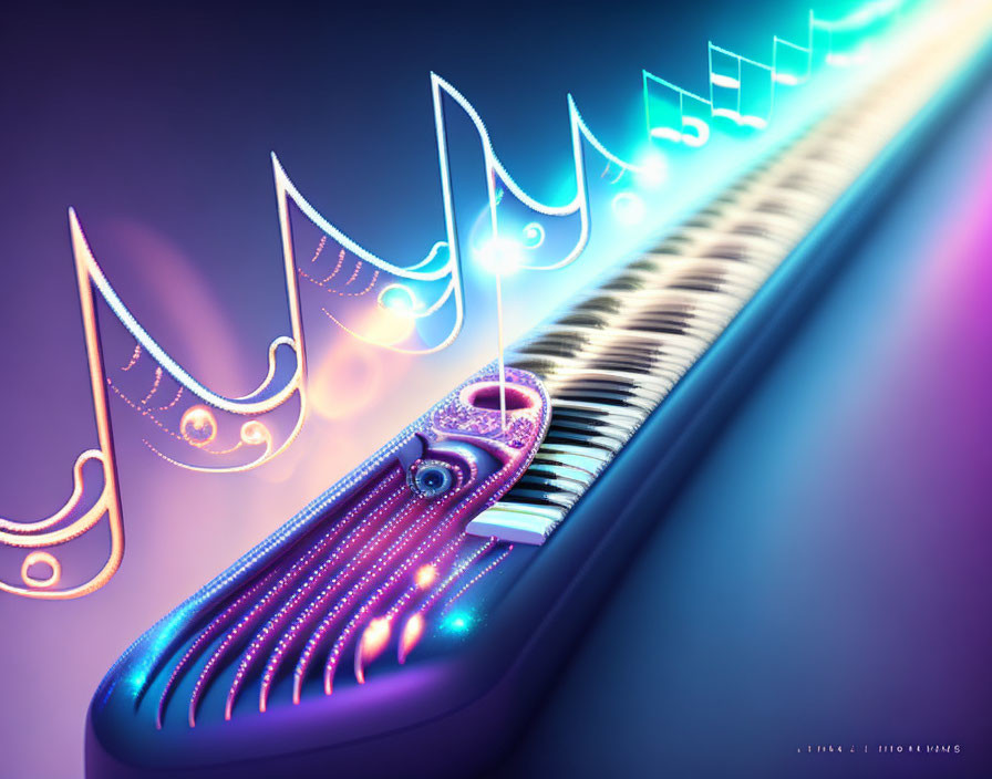 Vibrant neon piano digital artwork with glowing keys and music notes on gradient background