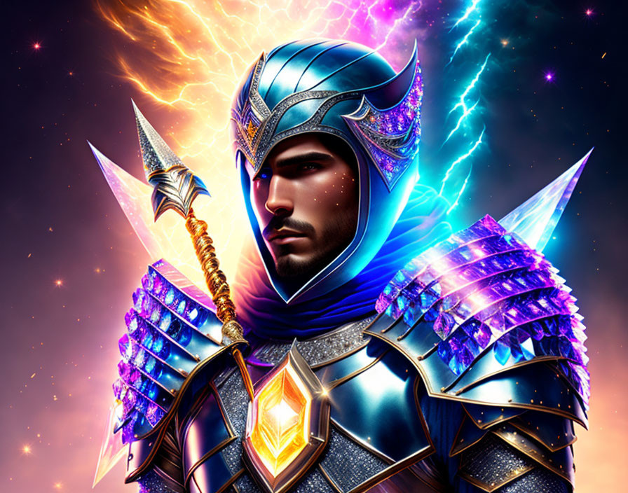 Warrior in Blue Armor Holding Spear Against Cosmic Background