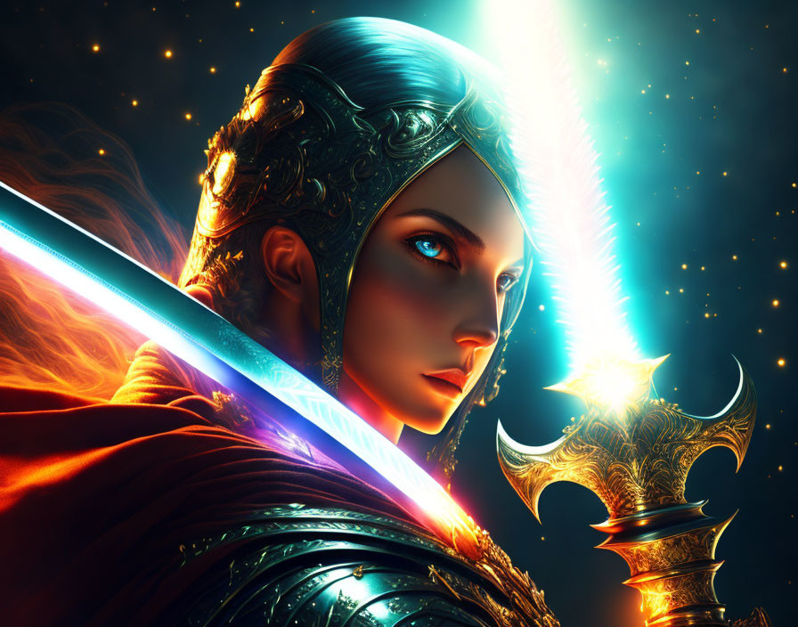 Female warrior in glowing armor wields energy sword under starry sky